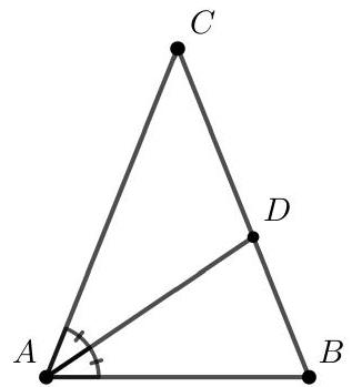 A triangle ABC with AB equal to BC, showing the angle bisector from A meeting BC at point D. The angle at A is marked with an arc.