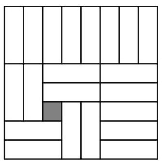An 8 by 8 grid with several 3 by 1 rectangles and one single square shaded, illustrating a tiling with triminós and one monominó.