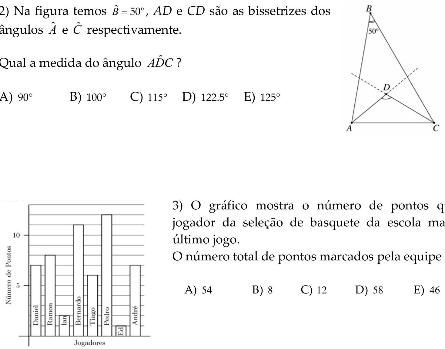 A triangle ABC with angle B marked as 50 degrees, and angle bisectors AD and CD meeting at point D; angles at D are labeled as half of angles A and C.