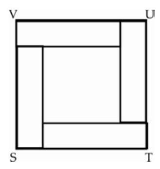A square labeled STUV with four identical rectangles arranged along its sides, forming a border around a central square.
