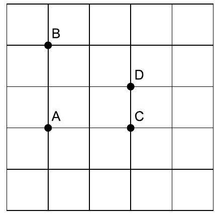 A grid with labeled points A, B, C, and D at intersections, illustrating the concept of equidistant points.