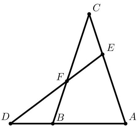 A geometric diagram showing triangles ABC and ADE sharing vertex A, with points D, B, F, E, and C labeled.