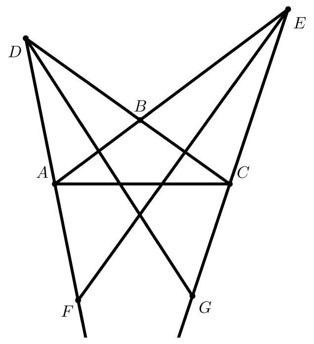 A geometric diagram with points labeled D, E, F, G, A, B, and C, showing intersecting lines and triangles relevant to the problem statement.