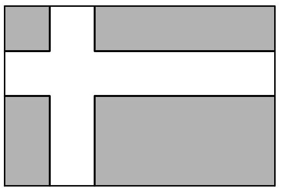 A rectangle divided into white and gray regions, with two perpendicular white stripes of equal width crossing the rectangle, forming a cross, and the remaining area shaded gray.