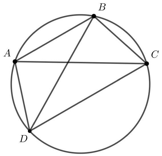 A cyclic quadrilateral ABCD inscribed in a circle, with both diagonals AC and BD drawn.