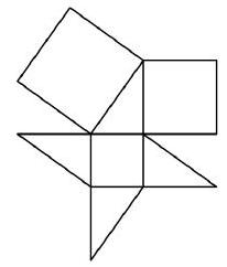 A geometric figure consisting of three squares and three triangles arranged around a central square.