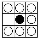 A 3x3 grid with eight white pieces and one black piece in the center; the middle left cell is empty.