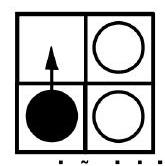 A 2x2 grid with three white pieces and one black piece, showing an arrow indicating the black piece moving upward.