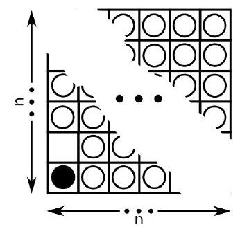 A partially obscured n x n grid with white pieces, one black piece in the bottom left, and arrows indicating movement along the diagonal.