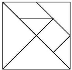 A square divided into seven tangram pieces: five right isosceles triangles, a small square, and a parallelogram.