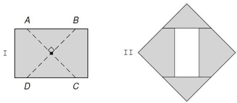 Two diagrams: on the left, a rectangle labeled A, B, C, D with diagonals intersecting at the center and forming two triangles and two pentagons; on the right, four pieces rearranged to form a square with a rectangular hole in the center.