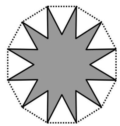 A star-shaped figure shaded in gray, formed by removing twelve equilateral triangles from a regular dodecagon, with the original dodecagon outline shown as a dotted line.