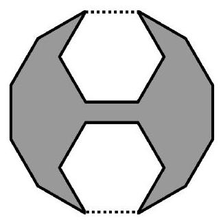 A gray region formed by removing two regular hexagons from a regular dodecagon, with the hexagons' positions indicated by dotted lines.