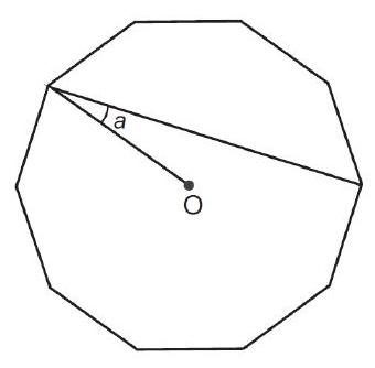 A regular decagon with center O, showing two radii and a marked angle a at one vertex.