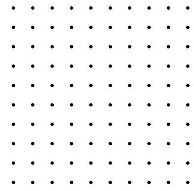 A 10 by 10 grid of evenly spaced black dots representing points, with no lines or colors shown.