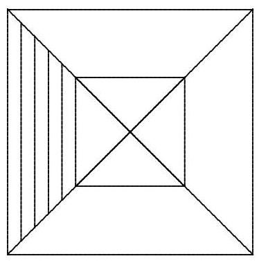 A diagram showing a large square with a smaller square inside it, both aligned by their centers. The diagonals of both squares are drawn, and one region between the squares is shaded with parallel lines.