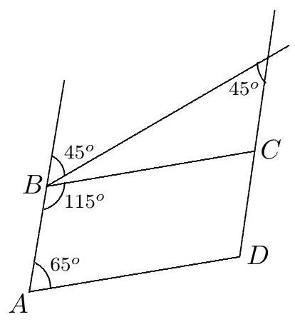 A quadrilateral ABCD with labeled vertices and interior angles at A, B, and C marked as 65°, 115°, and 45°, respectively. Two 45° angles are marked at B and C, and the sides are drawn to suggest parallelism.
