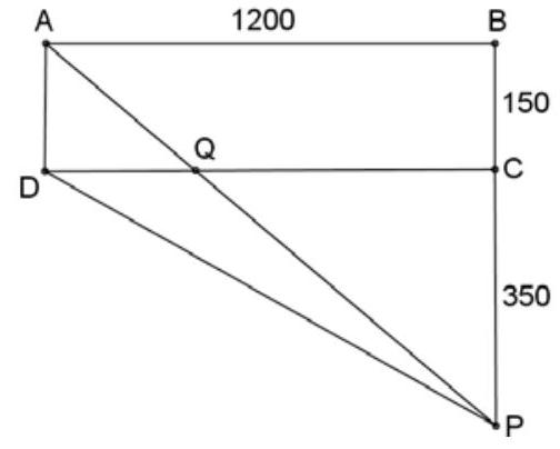 A rectangle ABCD with AB labeled 1200 and BC labeled 150. Point P is shown on the extension of BC, 350 units from C. Lines AP and DP are drawn, intersecting at point Q inside the figure.