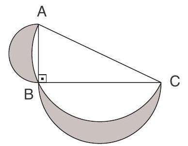 A right triangle ABC with three semicircles drawn on sides AB, BC, and AC; shaded regions are shown outside the triangle.