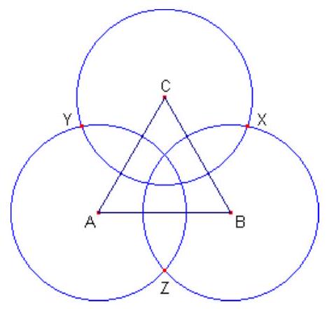 Three circles centered at the vertices of an equilateral triangle ABC, each passing through the other two vertices, with intersection points X, Y, and Z marked outside the triangle.