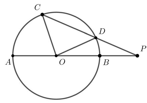 A circle with diameter AB, center O, and a secant line passing through points C and D on the circle and intersecting AB at point P. All points are labeled.