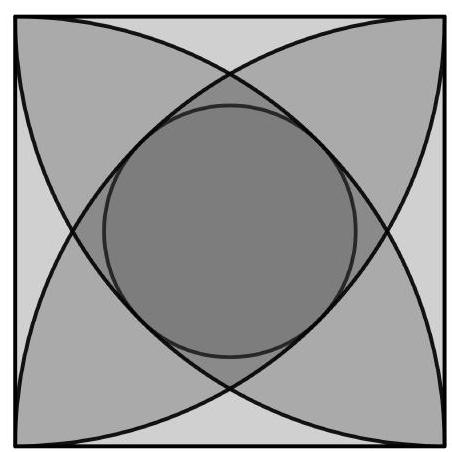 A square with four large circular arcs centered at the vertices, forming a flower-like shape, and a circle inscribed tangent to all four arcs.