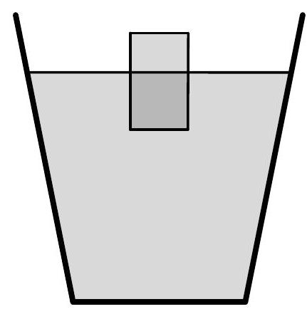 A diagram of a vertical cork partially submerged in a glass of water, showing the cork standing upright with part above the water surface.