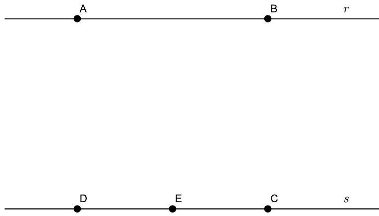 Two parallel lines labeled r and s, with points A and B marked on r, and points C, D, and E marked on s, forming the vertices of a square and a point E on CD.