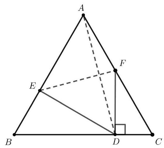 An equilateral triangle ABC with side 1 meter, showing a fold along segment EF such that vertex A lands on point D on side BC. Points E, F, and D are marked, with DF perpendicular to BC and several segments drawn and labeled.