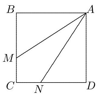 A square labeled ABCD with point A at the top right, and two lines from A to points M on BC and N on CD, dividing the square into three regions.
