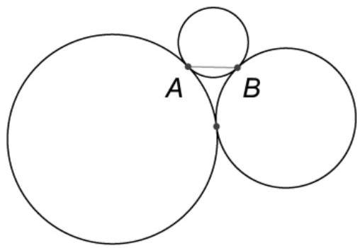 Three circles of different sizes tangent to each other, with two points of tangency labeled A and B.