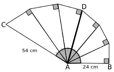 A geometric diagram showing six right triangles arranged around point A, with AB labeled 24 cm, AC labeled 54 cm, and point D marked on a ray from A.