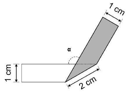 A diagram showing a rectangular strip of paper, one side white and the other gray, folded to form an angle alpha, with labeled side lengths 1 cm and 2 cm.