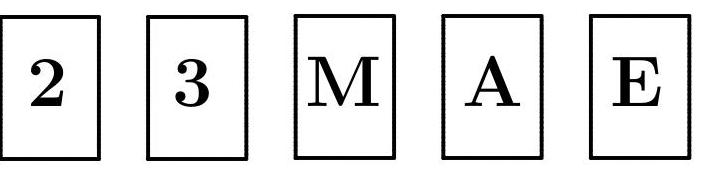Five cards on a table, each showing either a number (2, 3) or a letter (M, A, E) on one face.
