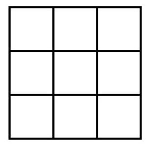 A blank 3 by 3 grid representing an empty magic square to be filled with numbers.