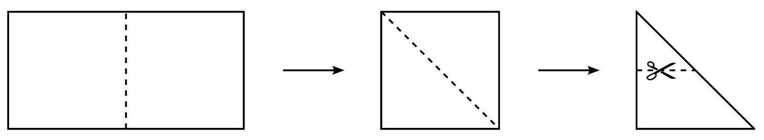 A sequence of three diagrams showing a rectangle with a vertical dashed line, then a square with a diagonal dashed line, and finally a right triangle with a horizontal dashed line and scissors indicating a cut.