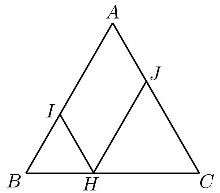 An equilateral triangle ABC with a point H on BC, and segments HI parallel to AC and HJ parallel to AB, forming quadrilateral AIHJ.