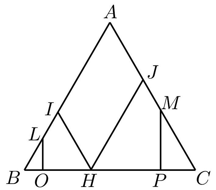 The same triangle with additional points L and M on sides BO and CP, and segments LO and MP drawn perpendicular to BC.