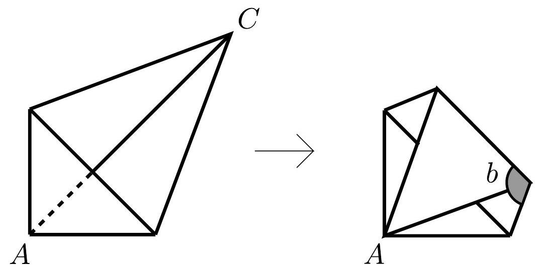 A pentagon formed by folding a square, with vertex C brought to A, and angle a highlighted at vertex A.
