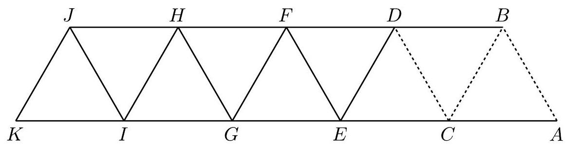 The same zigzag diagram as before, but with a dotted path highlighted from D to C to B to A, illustrating a specific path.