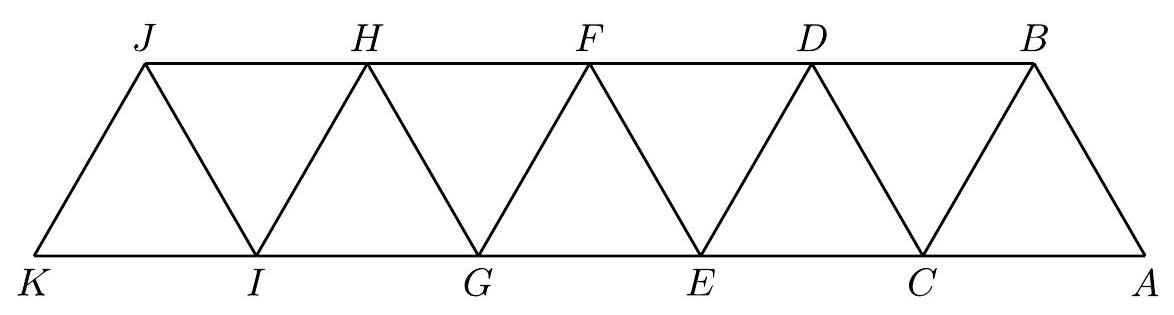 A geometric diagram showing a zigzag path of triangles labeled from K to A, with vertices labeled K, J, I, H, G, F, E, D, C, B, A.