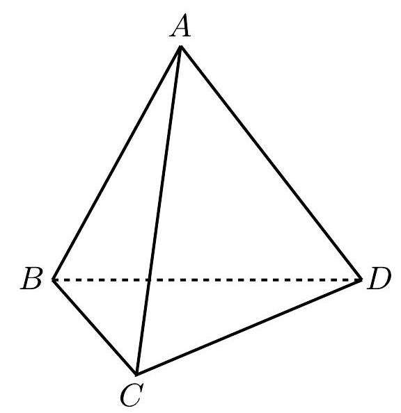 A regular tetrahedron labeled with vertices A, B, C, and D, showing all edges.