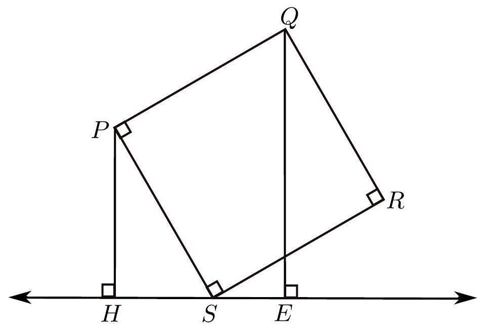 A geometric diagram showing square PQRS with perpendiculars from P and Q to a line, intersecting at points H and E respectively.