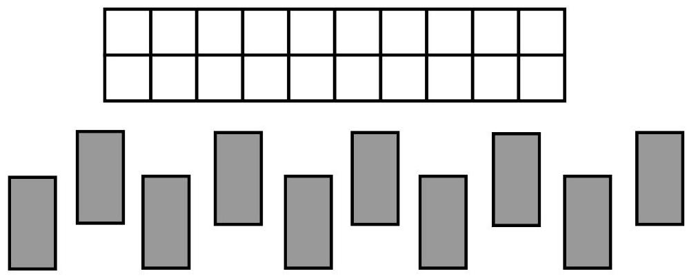 A 2 by 10 rectangular grid above 10 vertical dominoes, illustrating the board and pieces for the tiling problem.