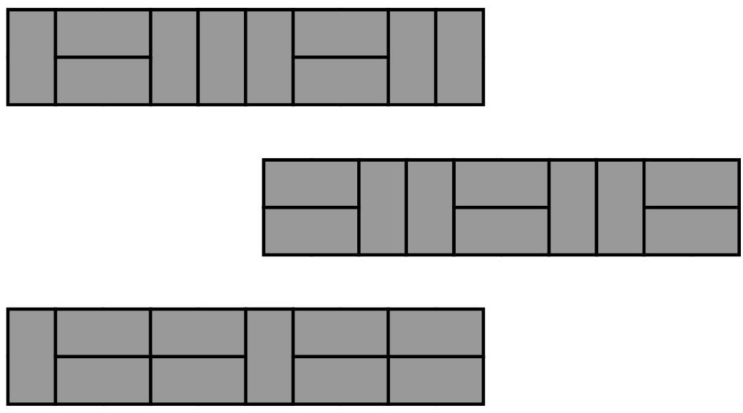 Three different ways of filling a 2 by 10 grid with 2 by 1 dominoes, showing example tilings.