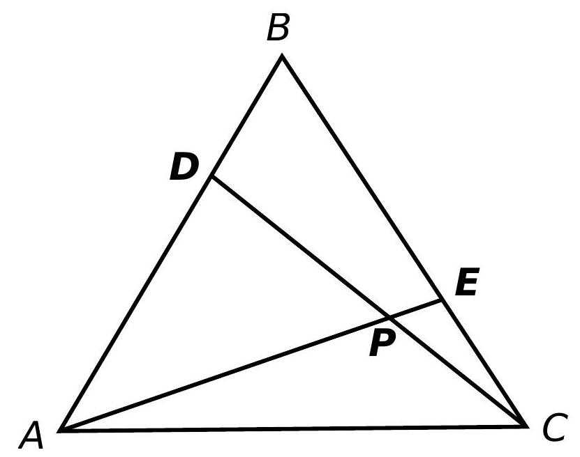 A triangle ABC with points D on AB and E on BC, and lines AE and CD intersecting at point P.