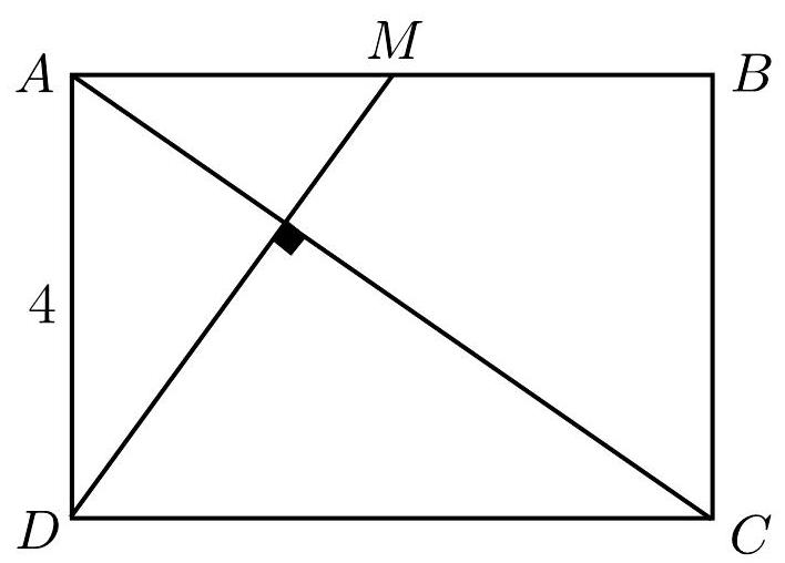 A rectangle ABCD with side AD labeled as 4, point M as the midpoint of AB, and diagonals AC and DM drawn, intersecting at a right angle.
