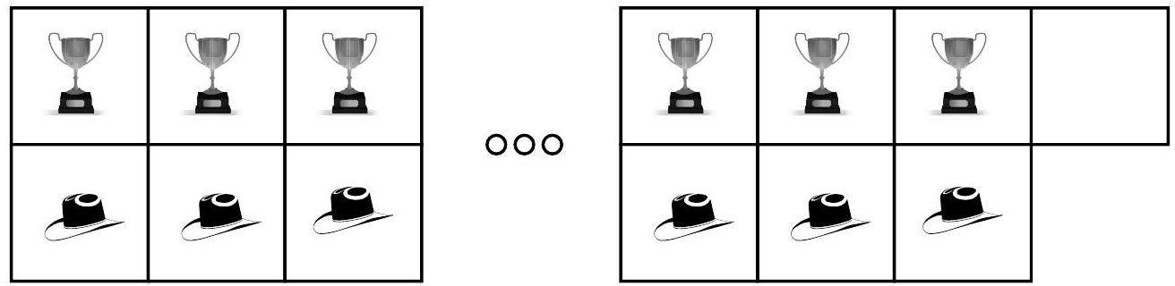 A larger grid with many trophies in the top row and many hats in the bottom row, with an empty cell at the end, representing a generalization of the previous puzzles.