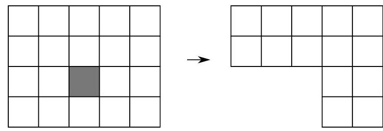 A 4 by 5 grid with one square shaded, and an arrow pointing to an L-shaped remaining region, illustrating a move in the game.