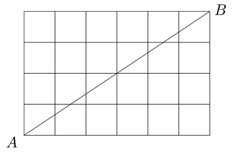 A 4 by 6 rectangular grid with a diagonal drawn from the bottom left corner labeled A to the top right corner labeled B.